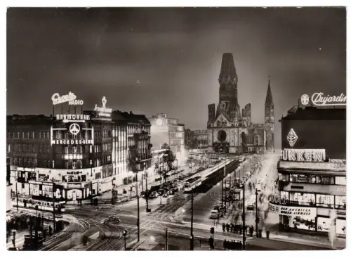 AK, Berlin Charlottenburg, Ku'damm und Gedächtniskirche, Nachtansicht, um 1964