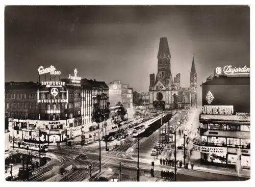 AK, Berlin Charlottenburg, Ku'damm und Gedächtniskirche, Nachtansicht, um 1963