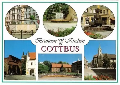 AK, Cottbus, Brunnen und Kirchen, sechs Abb., um 1995
