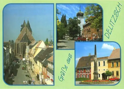 AK, Delitzsch, 3 Abb., u.a. Postmeilensäule, ca. 1993