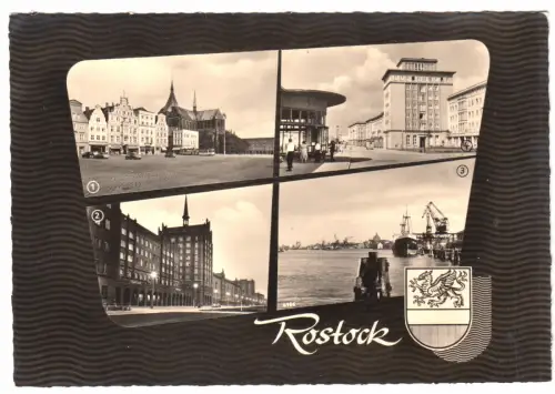 AK, Rostock, vier Abb., Wappen, gestaltet, 1962