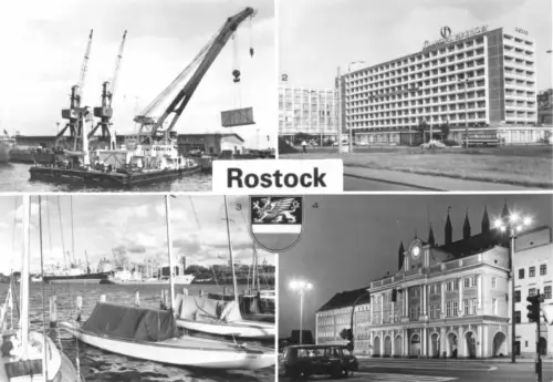 AK, Rostock, vier Abb., u.a. Überseehafen, 1984