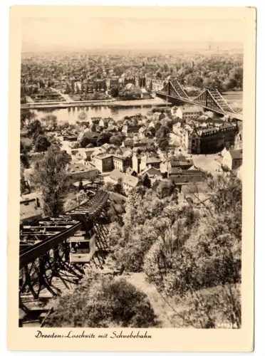 AK, Dresden Loschwitz, Totale mit Schwebebahn und Blauem Wunder, 1958