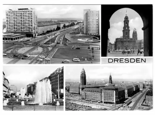 AK, Dresden, innerstädtische Motive, vier Abb., 1975