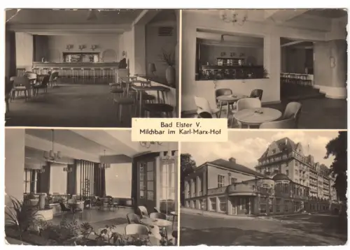 AK, Bad Elster Vogtl., Milchbar im Karl-Marx-Hof, vier Abb., 1958