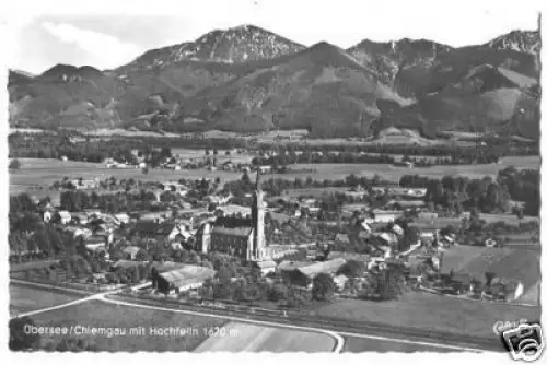 AK, Übersee Chiemgau, Totale mit Bahnlinie, 1957