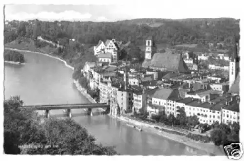 AK, Wasserburg a. Inn, Teilansicht mit Brücke, 1963