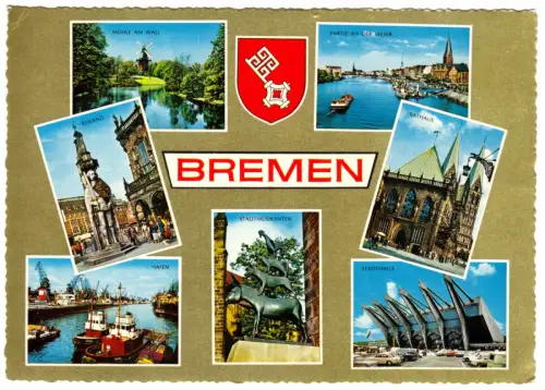 AK, Bremen, sieben Abb., Wappen, Golddruck, um 1968