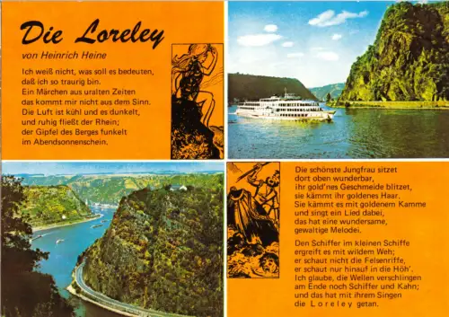 AK, Loreley, zwei Ansichten der Felsens und Text von Heinrich Heine, um 1975