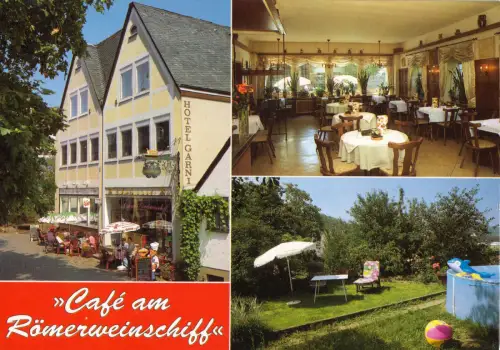 AK, Neumagen - Dhron Mosel, "Café am Römerweinschiff", drei Abb., um 1995