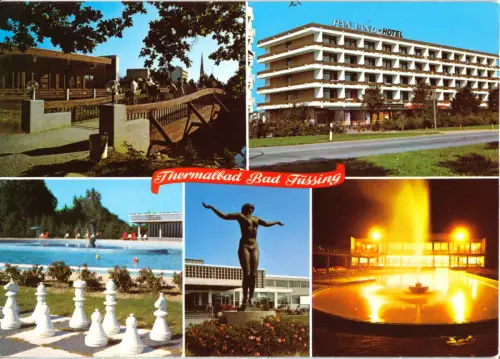 AK, Bad Füssing Niederbayern, fünf Abb. u.a. Freiluft-Schach, um 1990