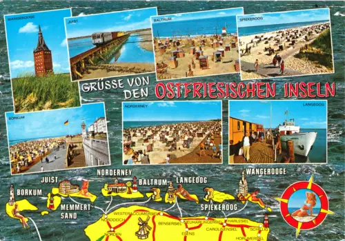 AK, Grüße von den Ostfriesischen Inseln, sieben Abb. und Landkarte, um 1980