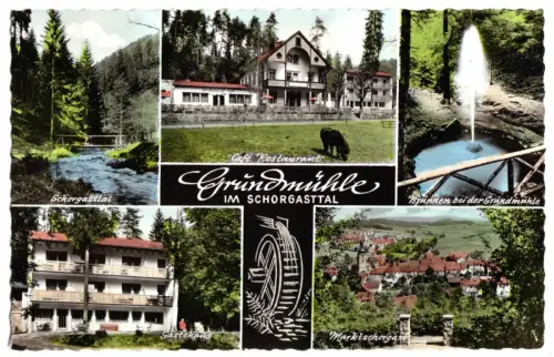 AK, Marktschorgast Ofr., Café - Pension "Grundmühle", fünf Abb., gestaltet, 1963