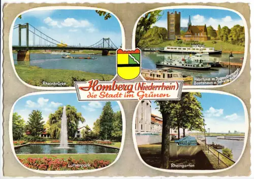 AK, Duisburg Homberg Ndrh., vier Abb., Wappen, gestaltet, 1962