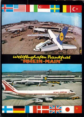 AK, Frankfurt Main, Rhein-Main-Flughafen, zwei Abb., 1980 mit passendem Stempel