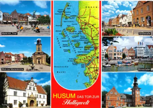 AK, Husum Nordsee, Husum das Tor zur Halligwelt, sechs Abb. u. Landkarte, 1995