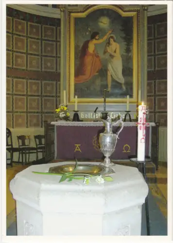 AK, Elsterberg Vogtl.. Laurentiuskirche, Partie mit Taufbecken, um 1994