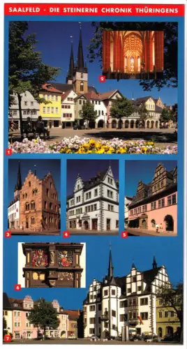 AK Langformat, Saalfeld Saale, Die steinerne Chronik Thüringens, 7 Abb., um 2000