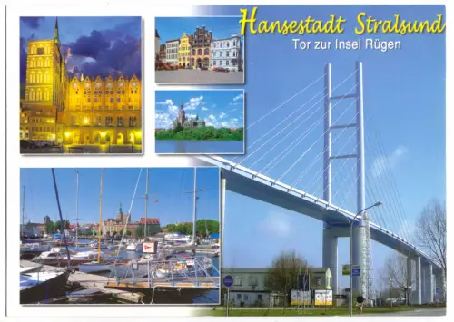 AK, Stralsund, fünf Abb., u.a. Rügenbrücke, um 2010