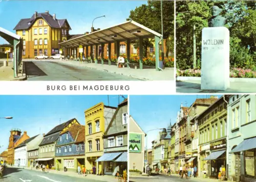 AK, Burg bei Magdeburg, vier Abb. u.a. Bahnhof und Busbahnhof, 1975