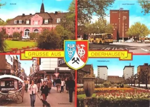 AK, Oberhausen, 4 Abb., u.a. Hauptbahnhof, mit Wappen, um 1984