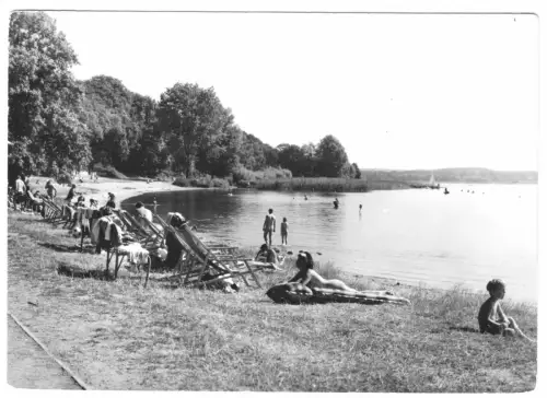 AK, Plau Meckl., Kr. Lübz, Badestrand im OT Seelust, belebt, 1977
