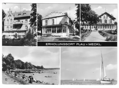 AK, Plau Meckl., Kr. Lübz, fünf Abb., FDGB Heime (3) und Plauer See (2), 1973