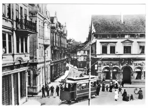 AK, Nordhausen, 75 Jahre Straßenbahn, 1912, vom Kornmarkt in d. Töpferstr., 1975