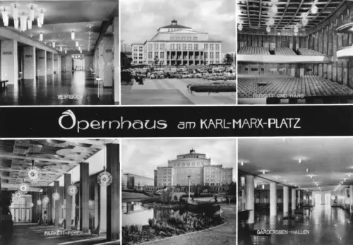 AK, Leipzig, Opernhaus am Karl-Marx-Platz, sechs Abb., innen und außen, 1968