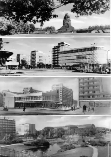 AK, Leipzig, vier Teilansichten, u.a. Konsument-Warenhaus, 1973