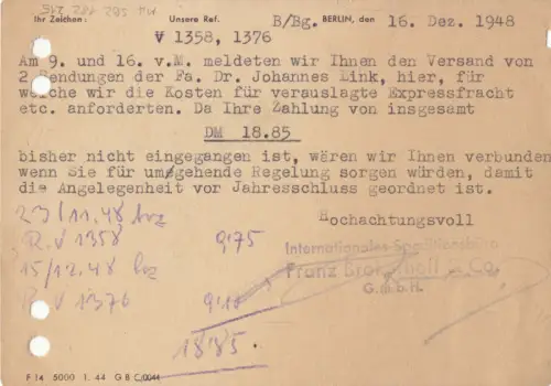 Geschäftspostkarte, Michel-Nr. SBZ 182 MiF 215, o (1) Berlin N 4, 16.12.48