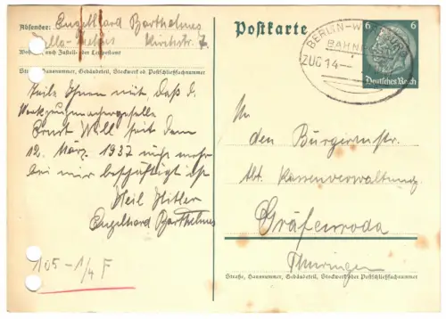 Ganzsache Michel-Nr. DR P 226, o Bahnpost Berlin-Würzburg, Zug 14, 27.10.37