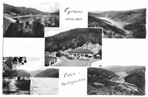AK, Bad Lauterberg Harz, Gruss von der Odertalsperre, fünf Abb., um 1956