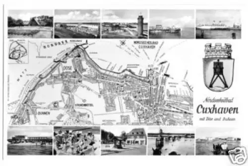 AK, Nordseebad Cuxhaven, 10 Abb., Landkarte, um 1958
