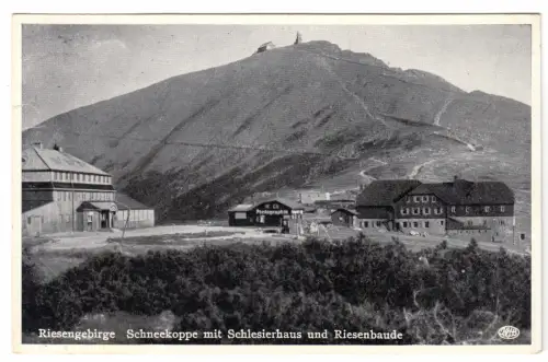AK, Riesengebirge, Schneekoppe mit Schlesierhaus und Riesenbaude, 1938