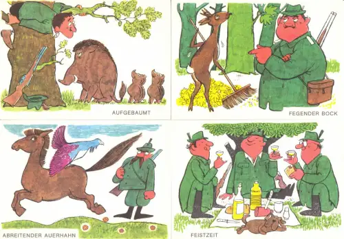 AK-Mappe mit 8 Color-AK, Horrido & Weidmannsheil, Karrikaturen K. Schrader, 1977