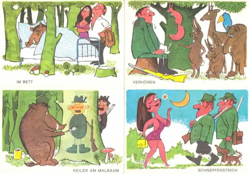 AK-Mappe mit 8 Color-AK, Horrido & Weidmannsheil, Karrikaturen K. Schrader, 1977