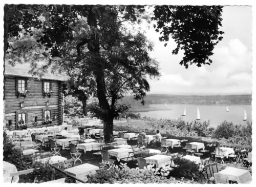 AK, Berlin Wannsee, Gaststätte Blockhaus Nikolskoe, Terrasse, belebt, um 1960