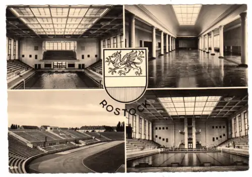 AK, Rostock, Schwimmhalle Neptun, vier Abb. und Wappen, 1962