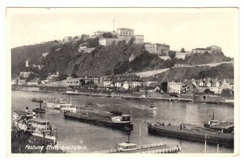 AK, Koblenz Ehrenbreitstein, Blick zur Festung, Binnenschiffe, 1931