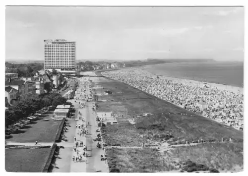 AK, Rostock Warnemünde, Blick über Strand und Promenade zum Hotel Neptun, 1973