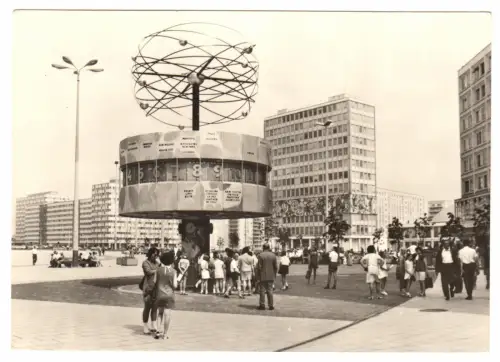 AK, Berlin Mitte, Alexanderplatz, Weltzeituhr, belebt, 1971