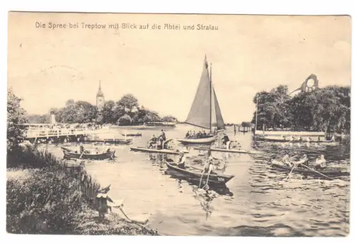 AK, Berlin Treptow, Spree mit Abtei und Stralau, Boote, 1908