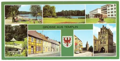 AK lang, Panoramakarte, Templin Uckermark, sieben Abb. und Wappen, 1983