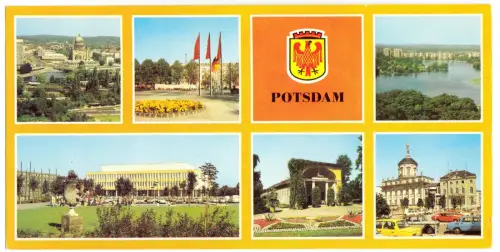 AK lang, Panoramakarte, Potsdam, sechs Abb. und Wappen, 1983