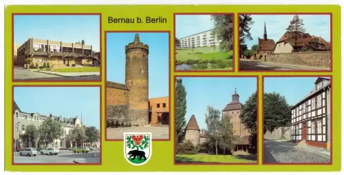 AK lang, Panoramakarte, Bernau bei Berlin, sieben Abb. und Wappen, 1986