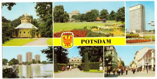 AK lang, Panoramakarte, Potsdam, sechs Abb. und Wappen, 1981