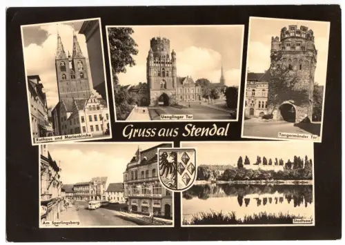 AK Großformat, 21 x 15 cm, Stendal, fünf Abb. und  Wappen, gestaltet, 1965