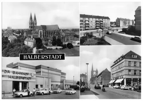AK Großformat, 21 x 15 cm, Halberstadt, vier Abb., u.a. Bahnhof, 1973