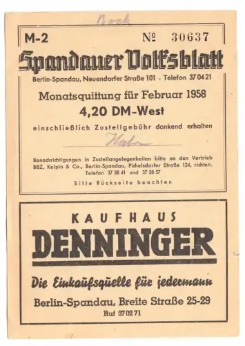 Zeitungsquittung im AK-Format, Berlin Spandau, Blick vom Rathausturm, um 1958
